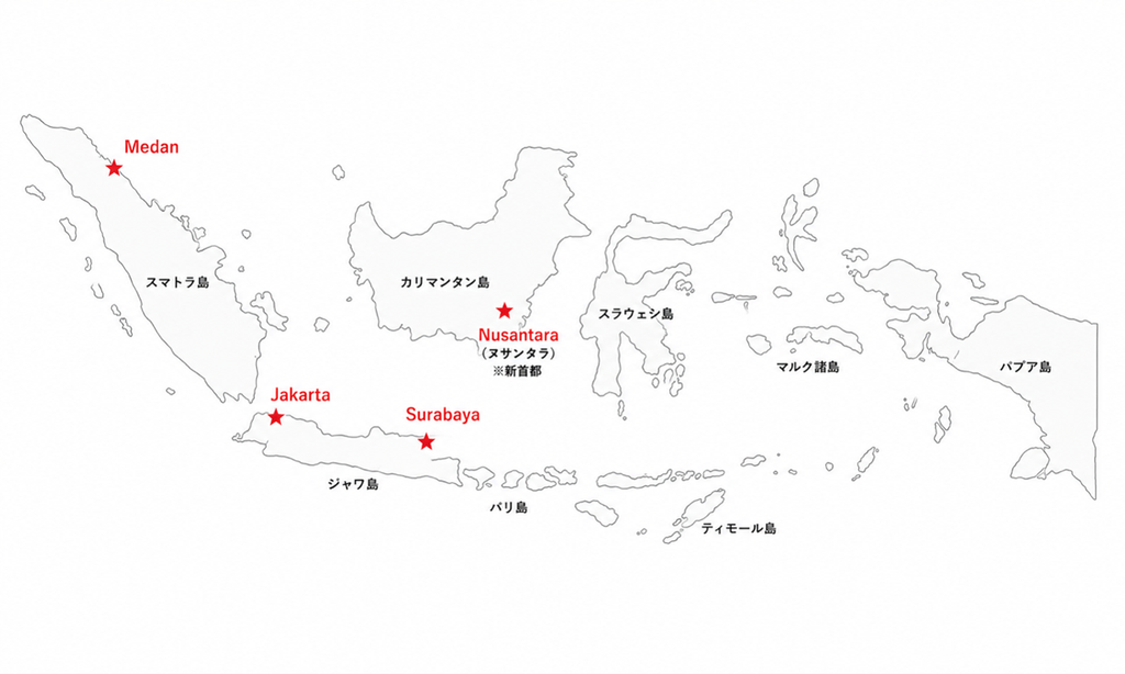 インドネシアの代表的な都市の地図イラスト