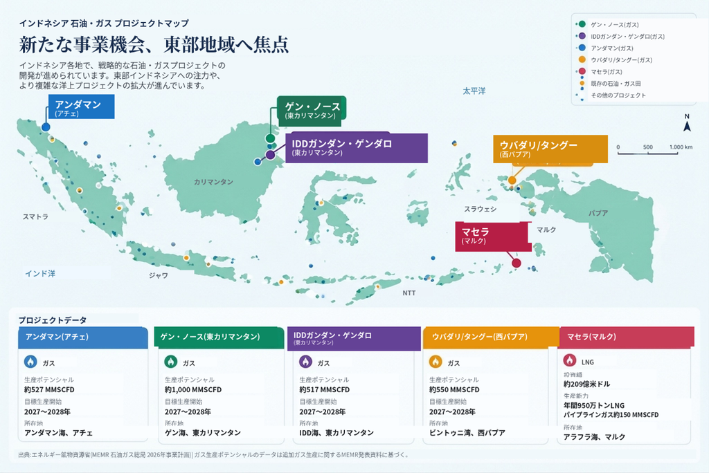 東部インドネシア・洋上プロジェクトの展開を示す石油・ガスプロジェクトマップと各データ